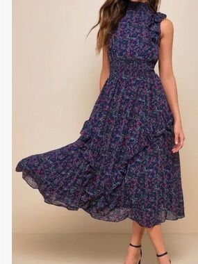 Lulu's Navy Floral Ruffle Midi Dress